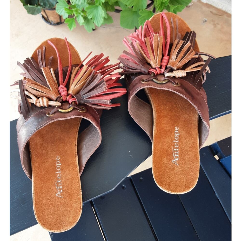 Antelope Brown Leather Fringe Slide Sandals